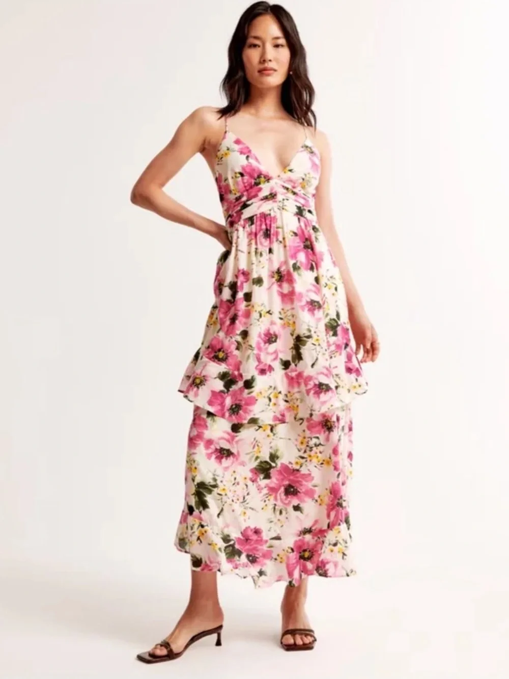 abercrombie pink floral dress Abercrombie & Fitch Tiered Maxi Dress With Multiway Neckline in Pink